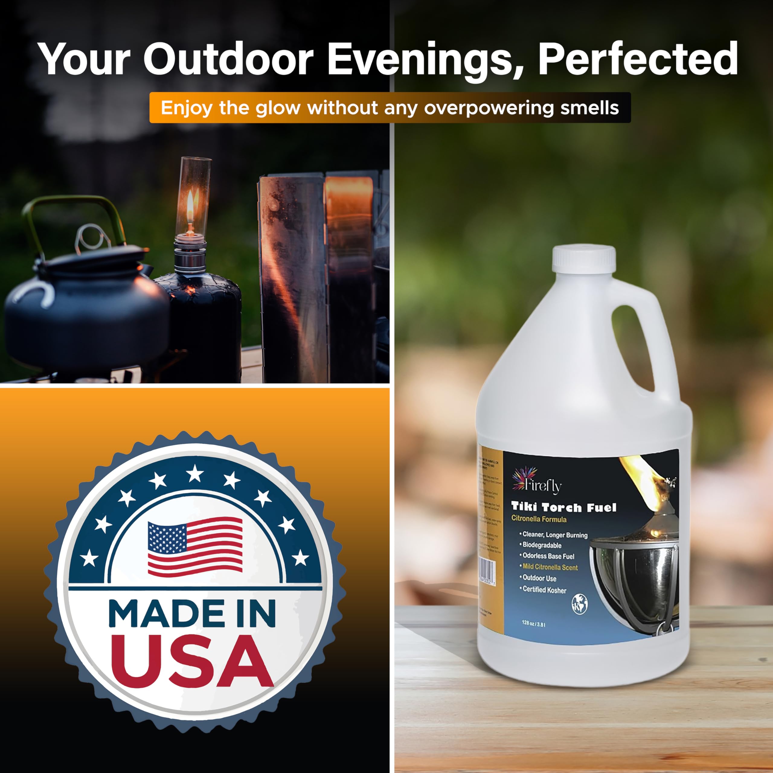 Pouring Firefly Fuel tiki torch fuel for easy outdoor lighting