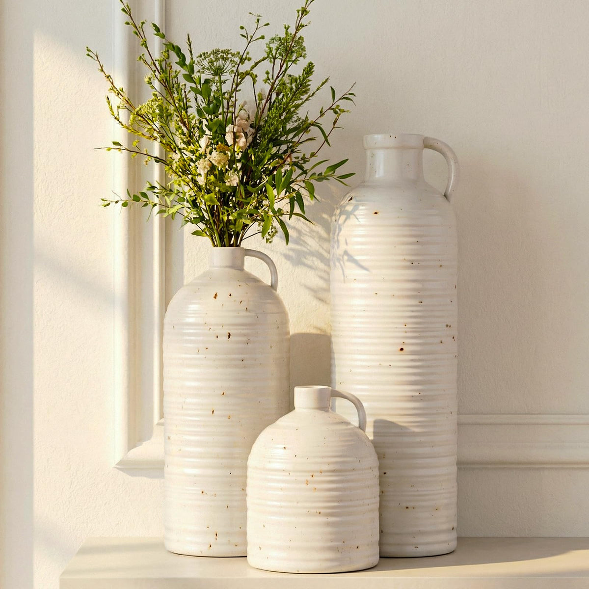 Firehold ceramic vase set 3 with horizontal ribbed texture enhances neutral farmhouse decor.