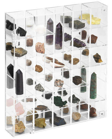 FireOrange adjustable rock display case front view showing modular pockets for crystals.