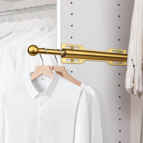 FIRJOY valet rod closet pull-out brushed gold installed in a closet for easy access.
