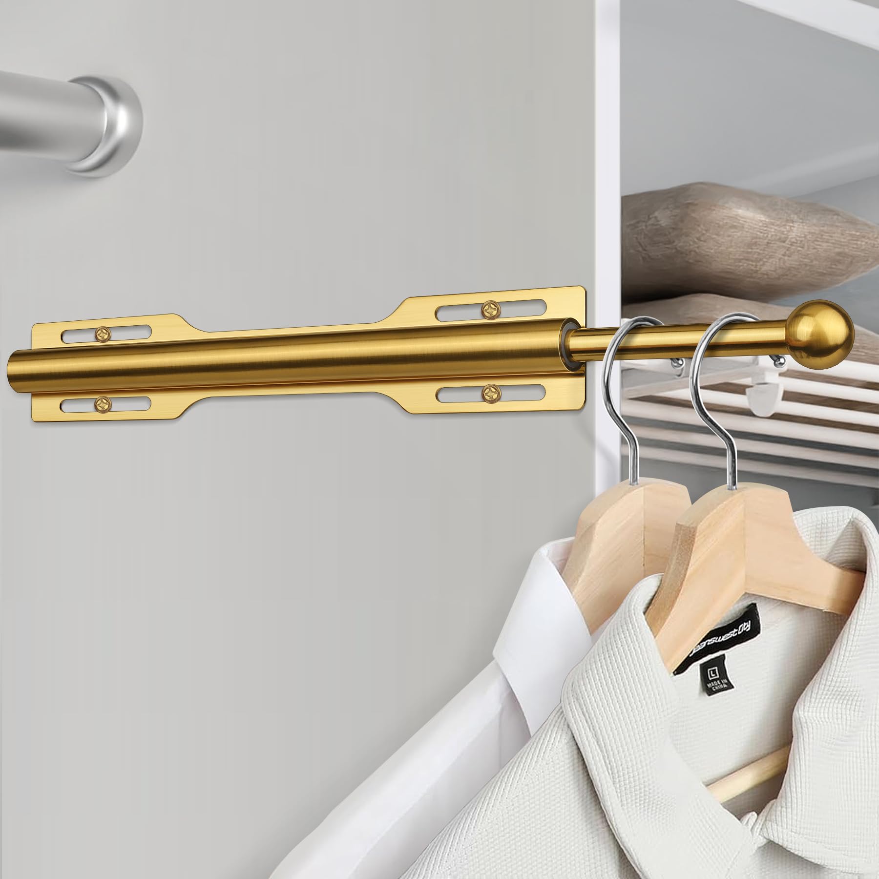 FIRJOY valet rod close-up brushed gold finish highlights sleek hardware details.