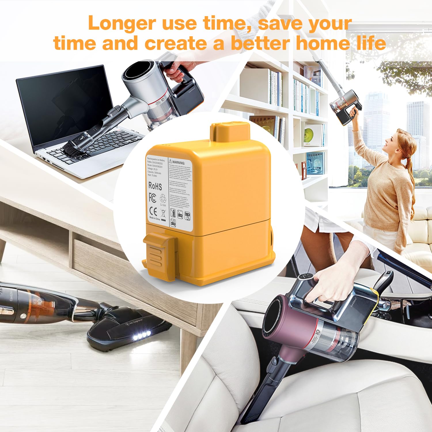 FirstPower Pro 25.2V battery LG CordZero A9 in-use runtime image.