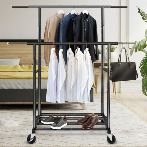 Fishat Stand Portable Garment Rack bottom shelf for shoes and accessories.