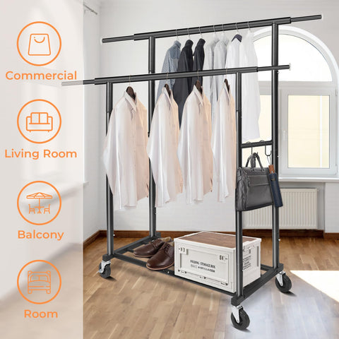 Fishat Stand Portable Garment Rack dimensions 48W x 67H for full wardrobe display.