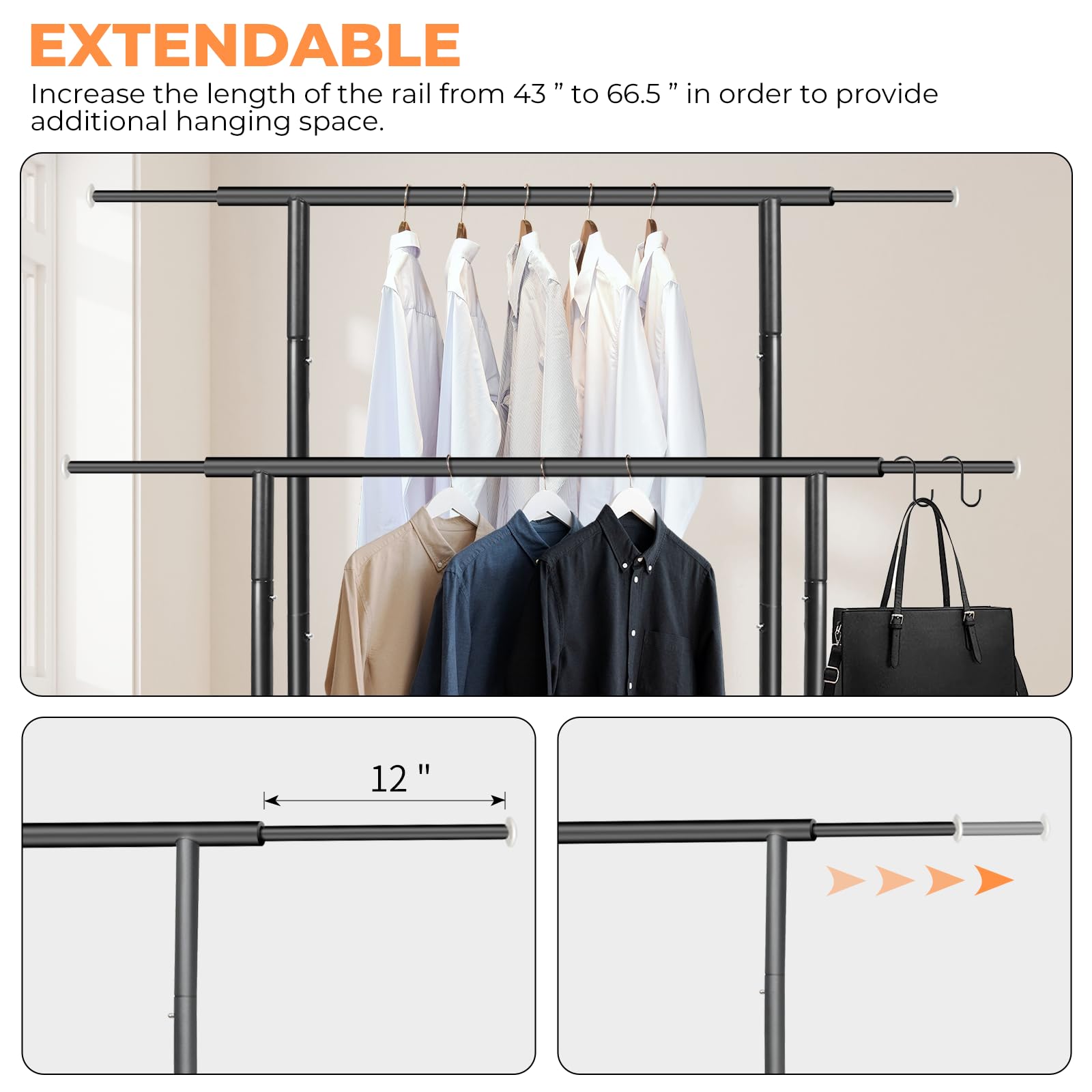 Fishat Stand Portable Garment Rack double-rod design maximizing hanging capacity.