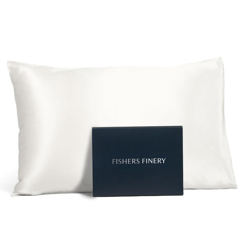 Fishers Finery mulberry silk pillowcase front view in white, silky sleep comfort