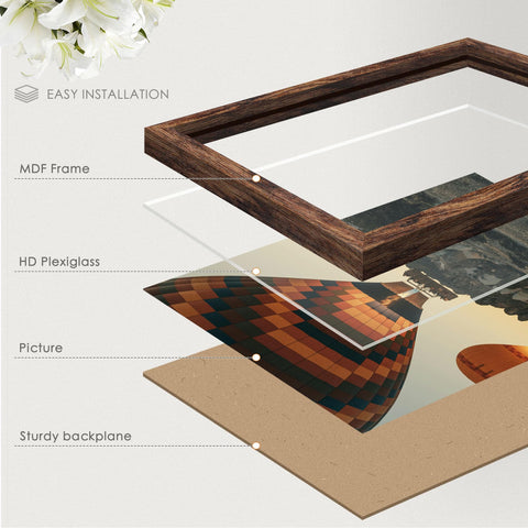 Fisnish 15x22 brown frame featuring hanging hardware for fast vertical or horizontal layout.