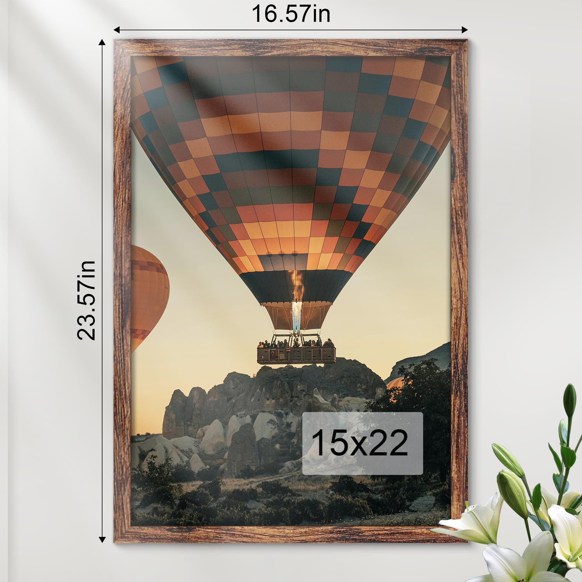 Fisnish 15x22 brown frame with high-definition plexiglass for crystal-clear visibility.
