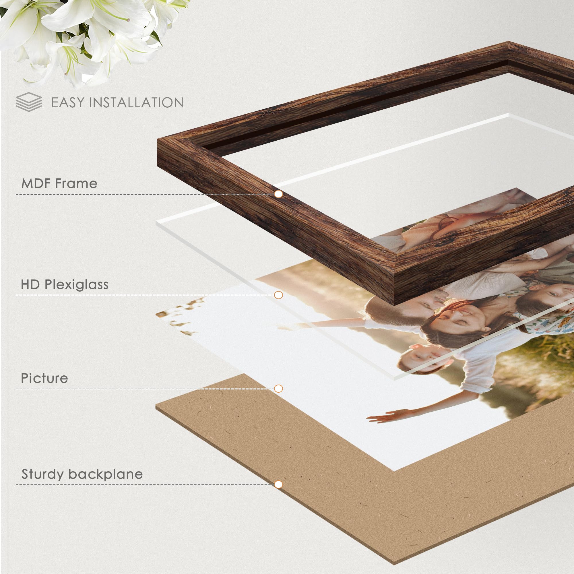 Fisnish brown 16x24 frame complements modern decor and gifts.