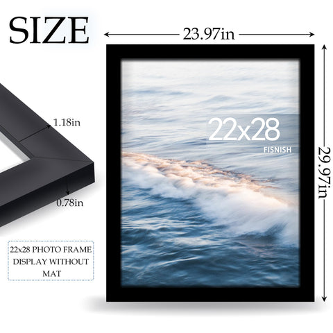Fisnish 22x28 poster frame mounted on wall for versatile vertical or horizontal showcasing.