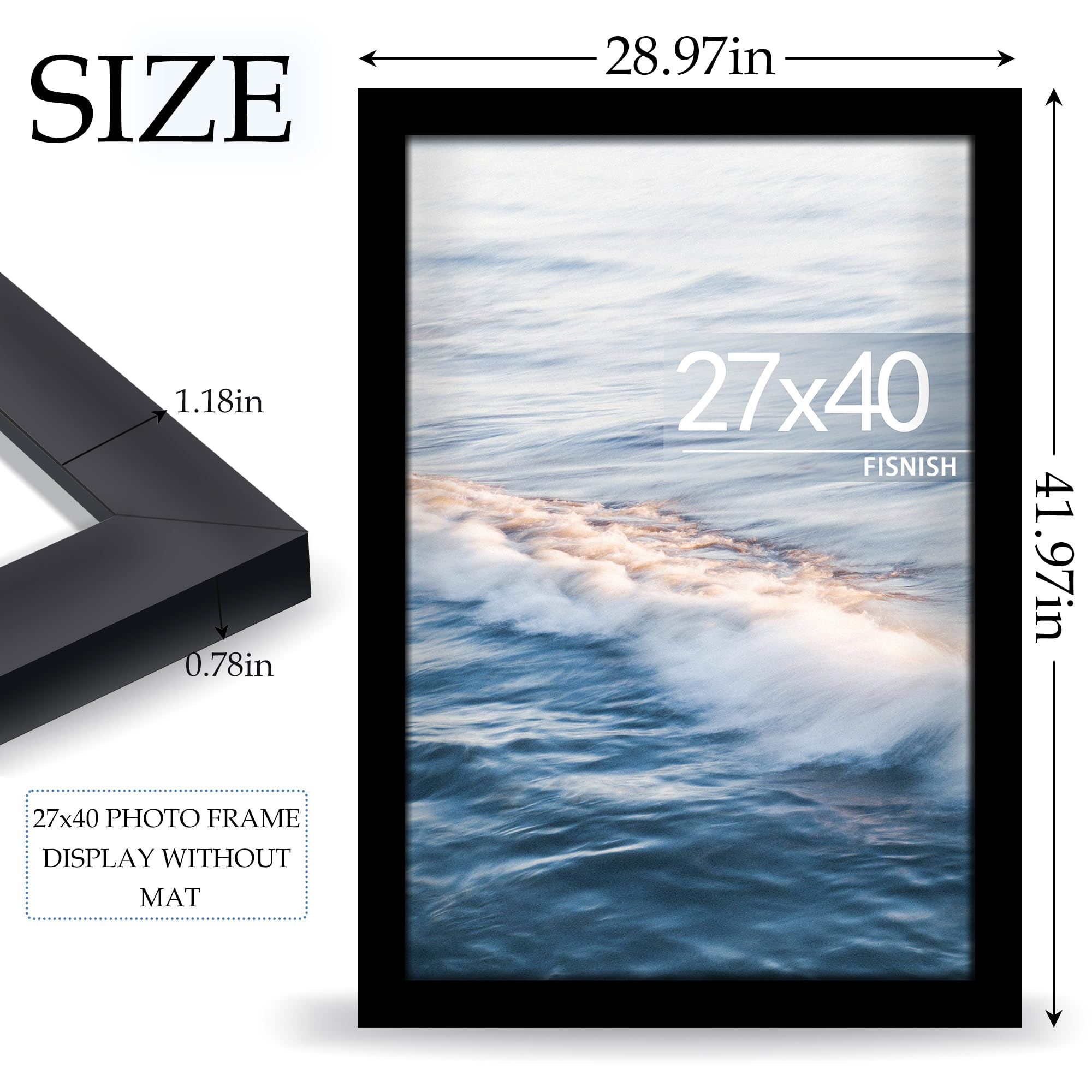 Fisnish 27x40 frame with spring-loaded back panel for easy poster swaps