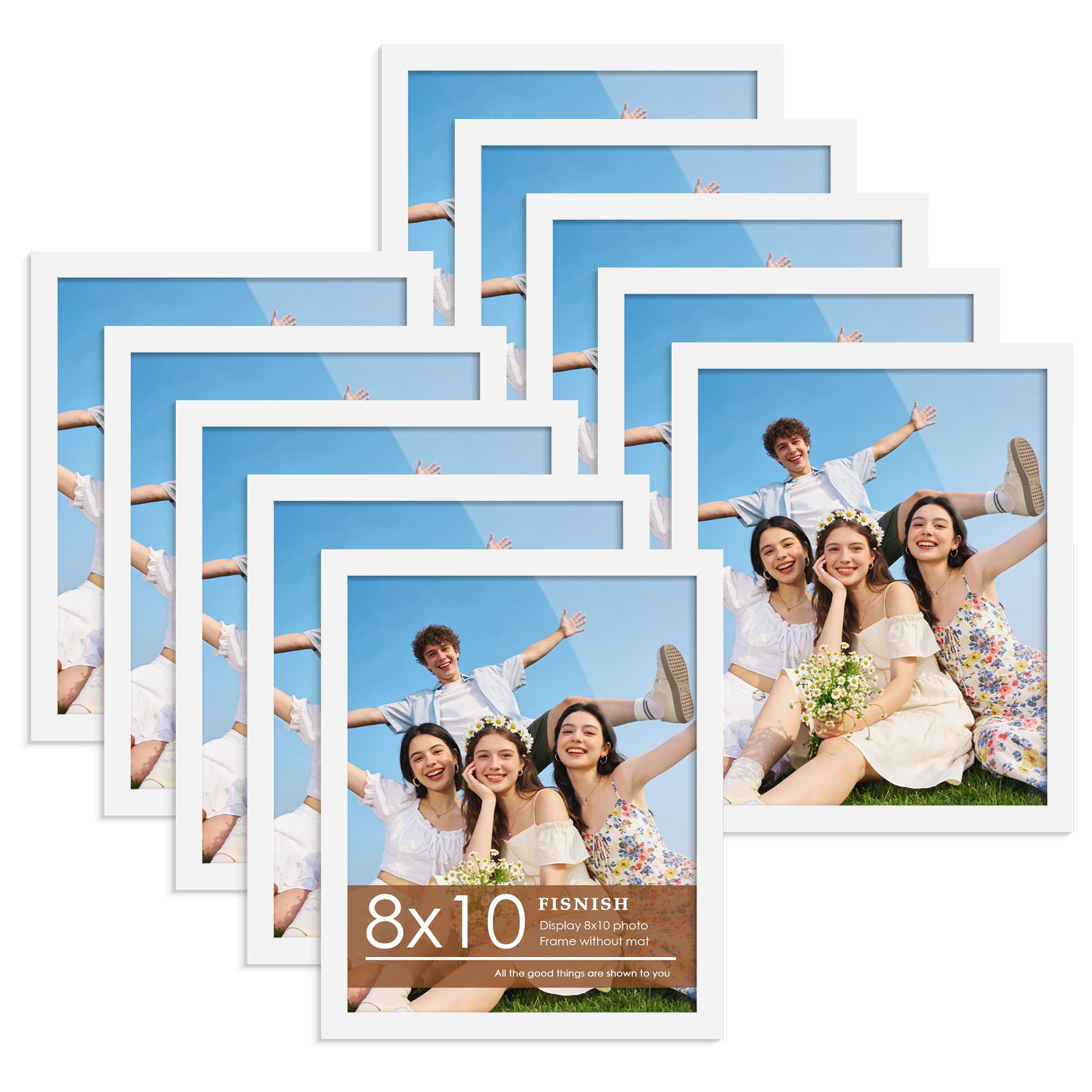 Fisnish 8x10 white frame set front view with clear plexiglass for sharp photos