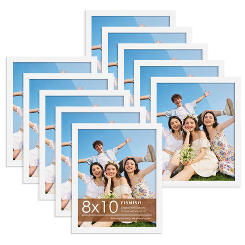 Fisnish 8x10 white frame set front view with clear plexiglass for sharp photos