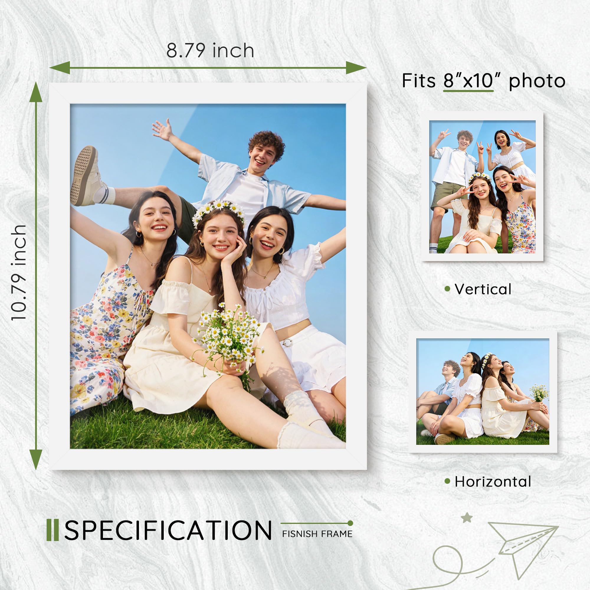 Fisnish 8x10 white frame set shown on a table for tidy tabletop display