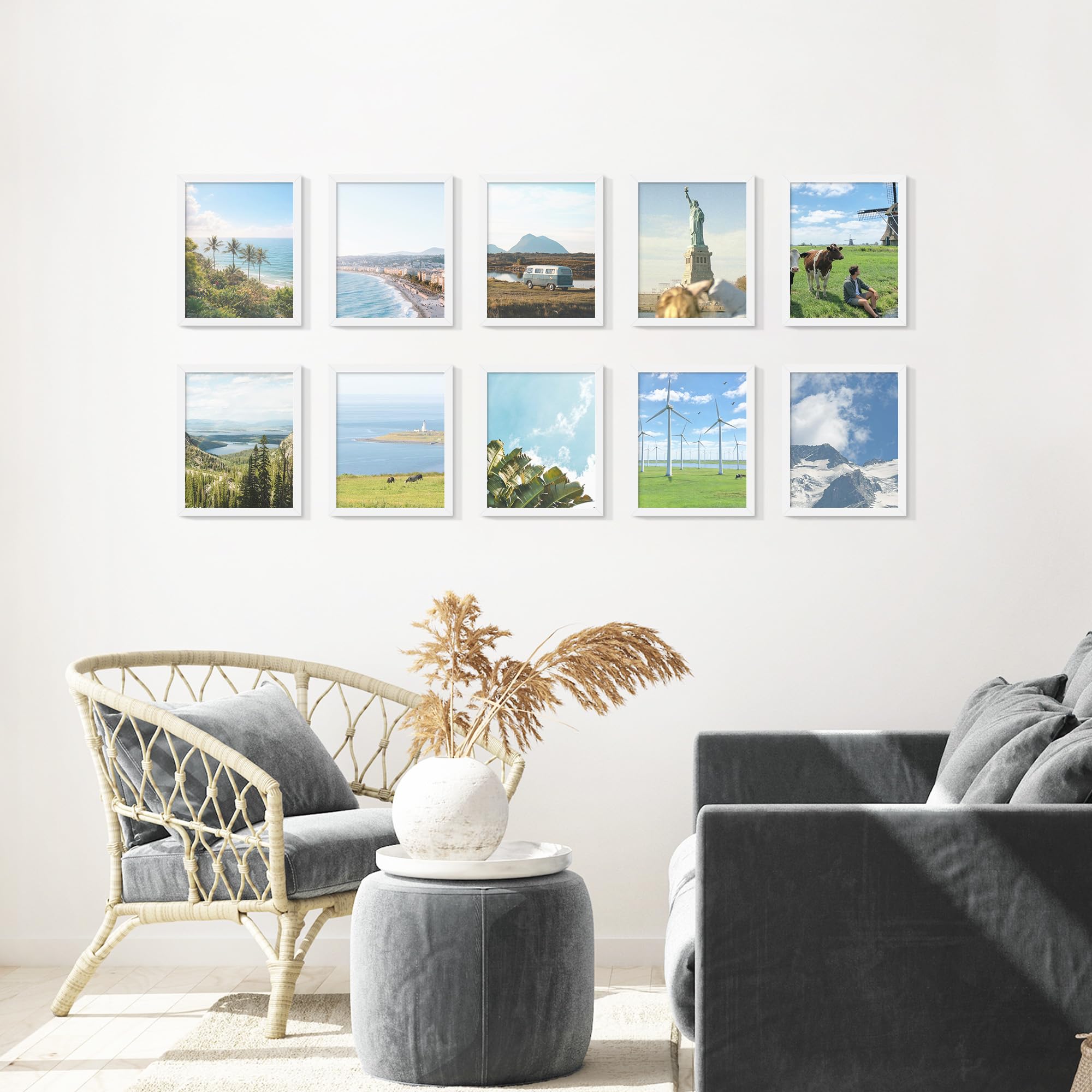 Fisnish 8x10 white frame set with wall mounting hardware ready for vertical or horizontal display