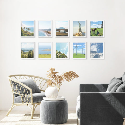 Fisnish 8x10 white frame set with wall mounting hardware ready for vertical or horizontal display