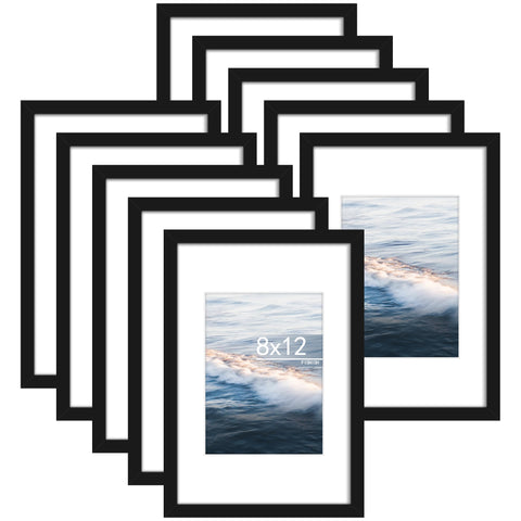 Fisnish 8x12 frame set of 10 in black for wall gallery display.