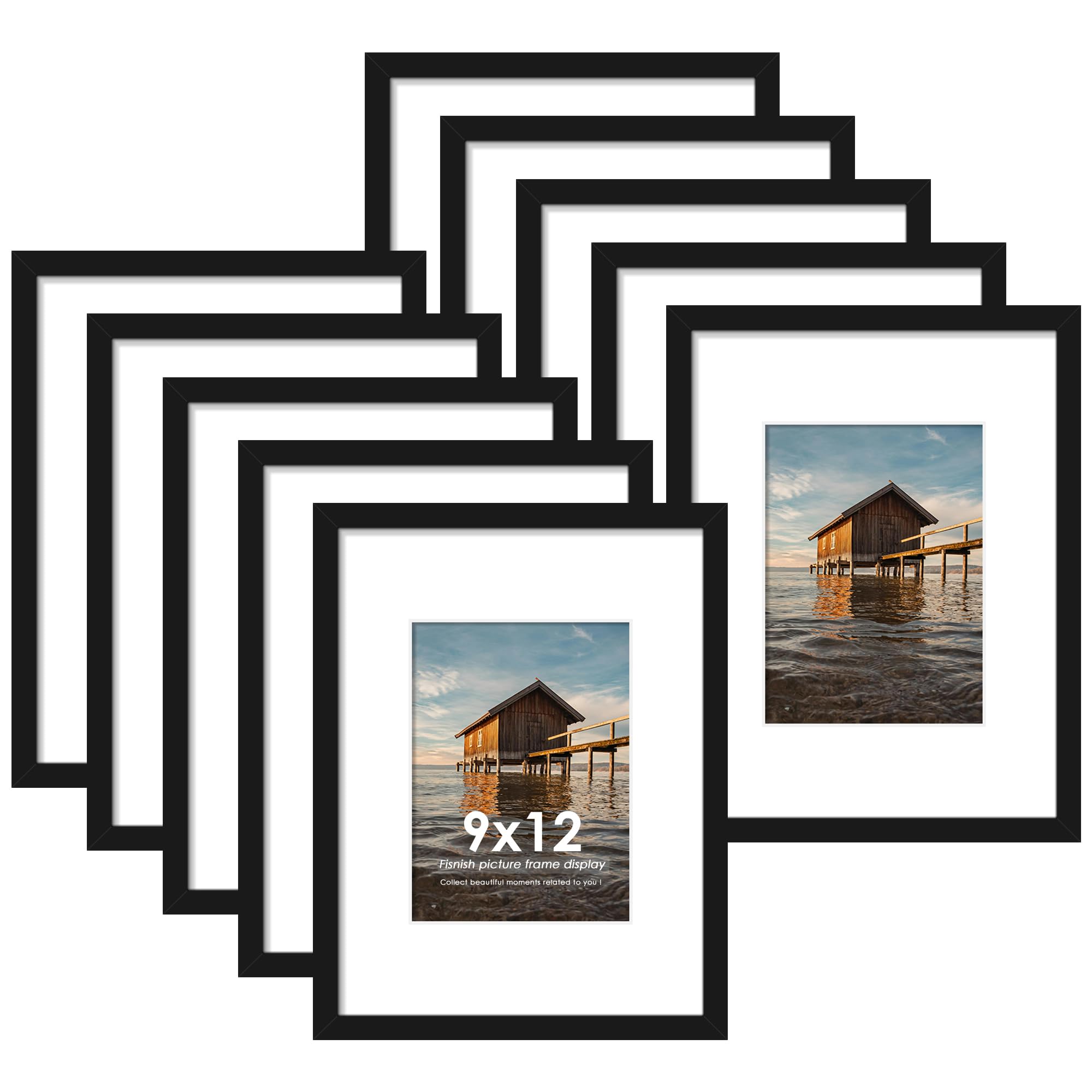 Fisnish 9x12 black frame set protects memories on walls with a durable finish.