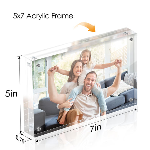 Fisnish double-sided acrylic frame shows photos from both sides for center room visibility