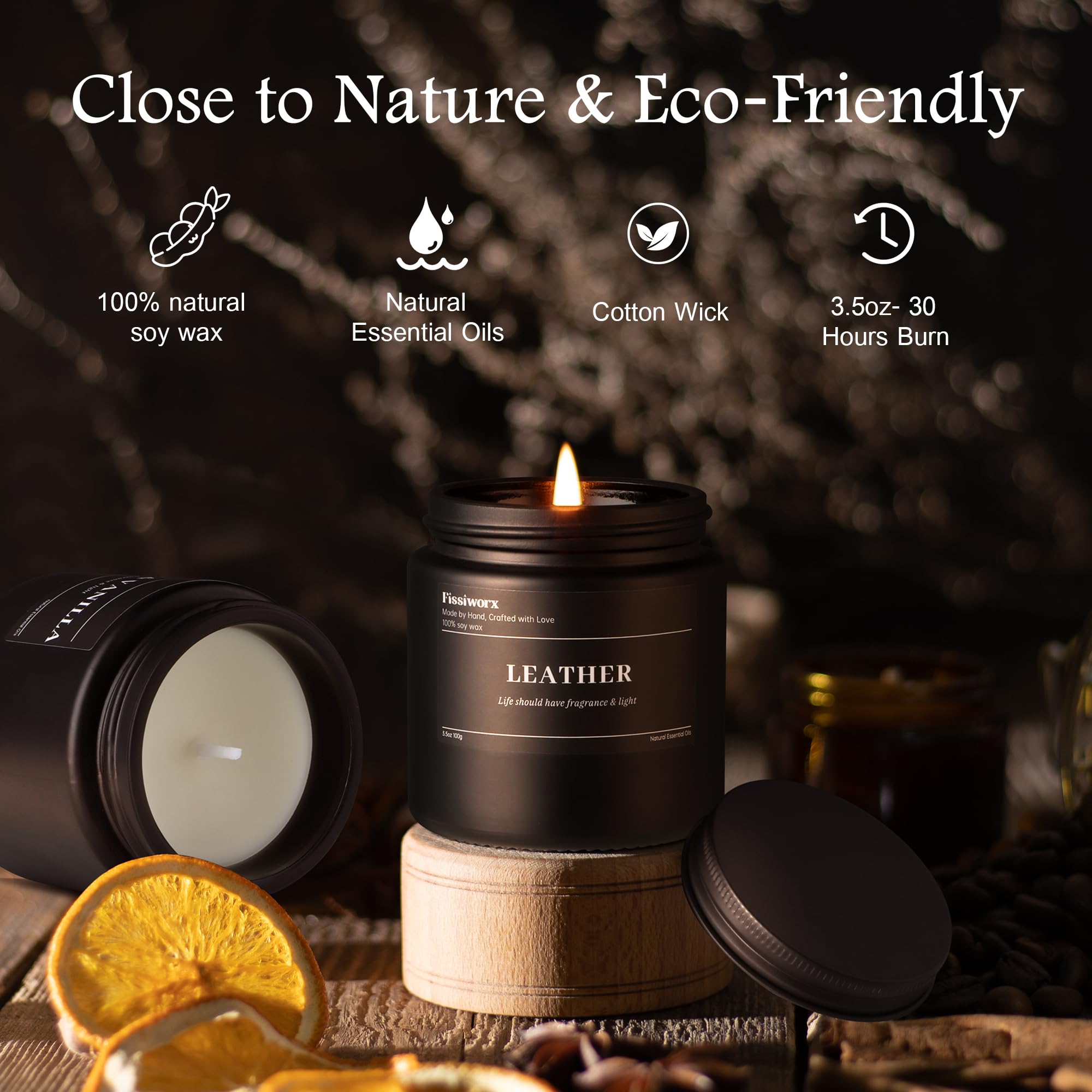 FISSIWORX oak candle delivers whiskey-cask atmosphere for study or lounge.