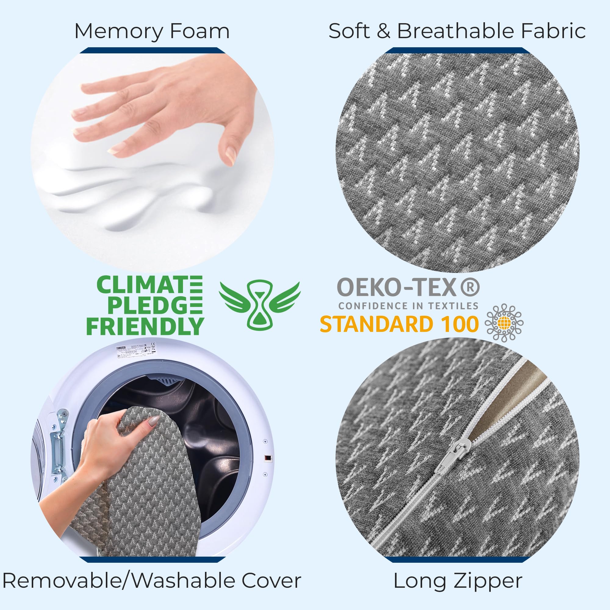5 STARS UNITED knee pillow usage shows four sleeping positions for better comfort.