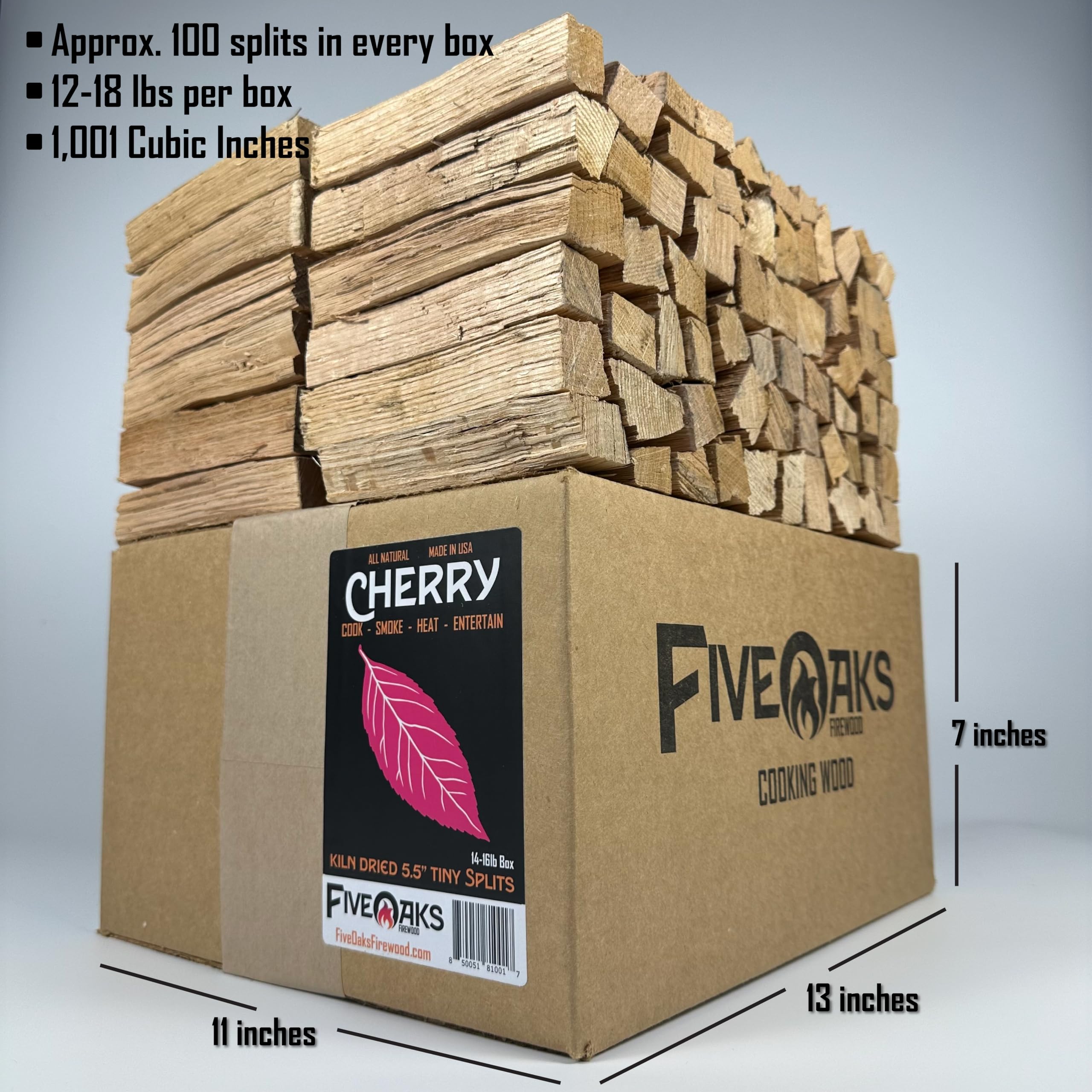 FiveOaks Kiln Dried Cherry wood box showing ready-to-use cooking fuel.