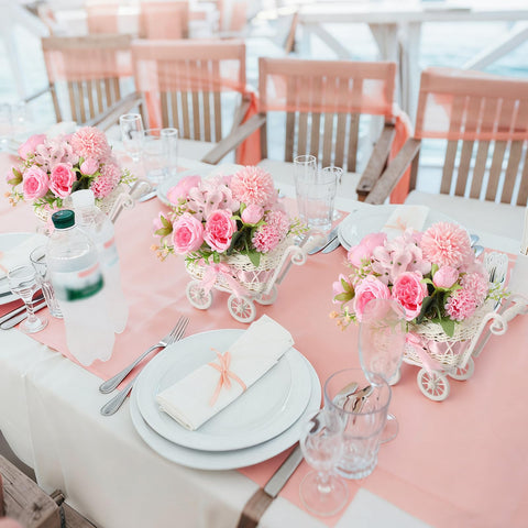 Fiwochic carriage set adds elegant wedding and baby shower table decor.