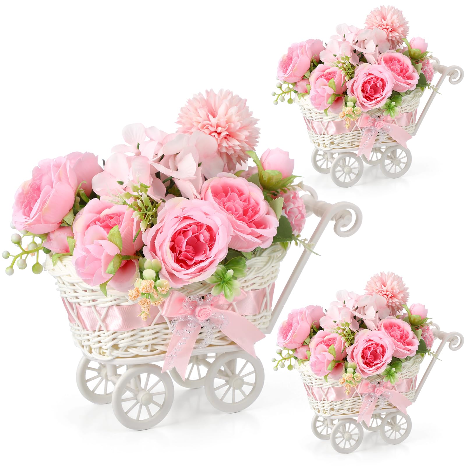 Fiwochic pink flowers and rattan add texture and warmth.