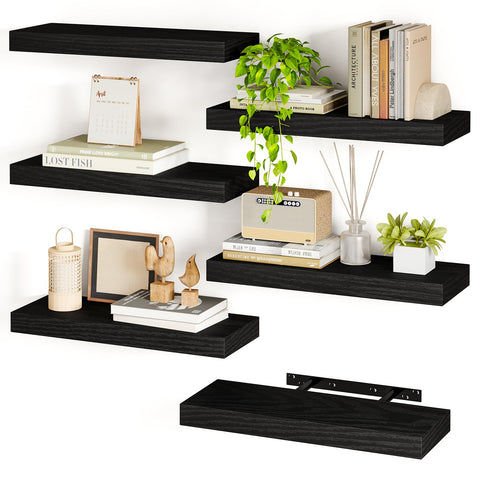 Fixwal 15.8in black floating shelves set of 6 for compact storage and decor.