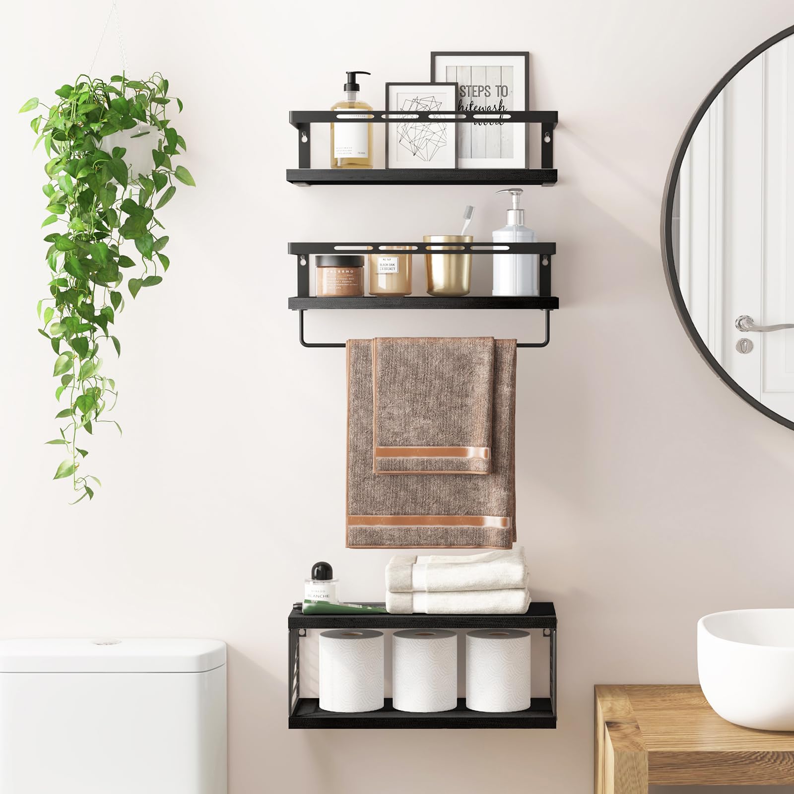 Fixwal 3+1 tier over-toilet unit provides convenient storage near the sink.