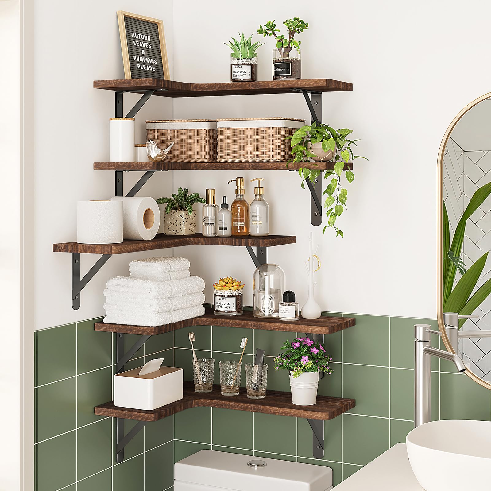 Fixwal bathroom corner shelves hold towels and bottles neatly