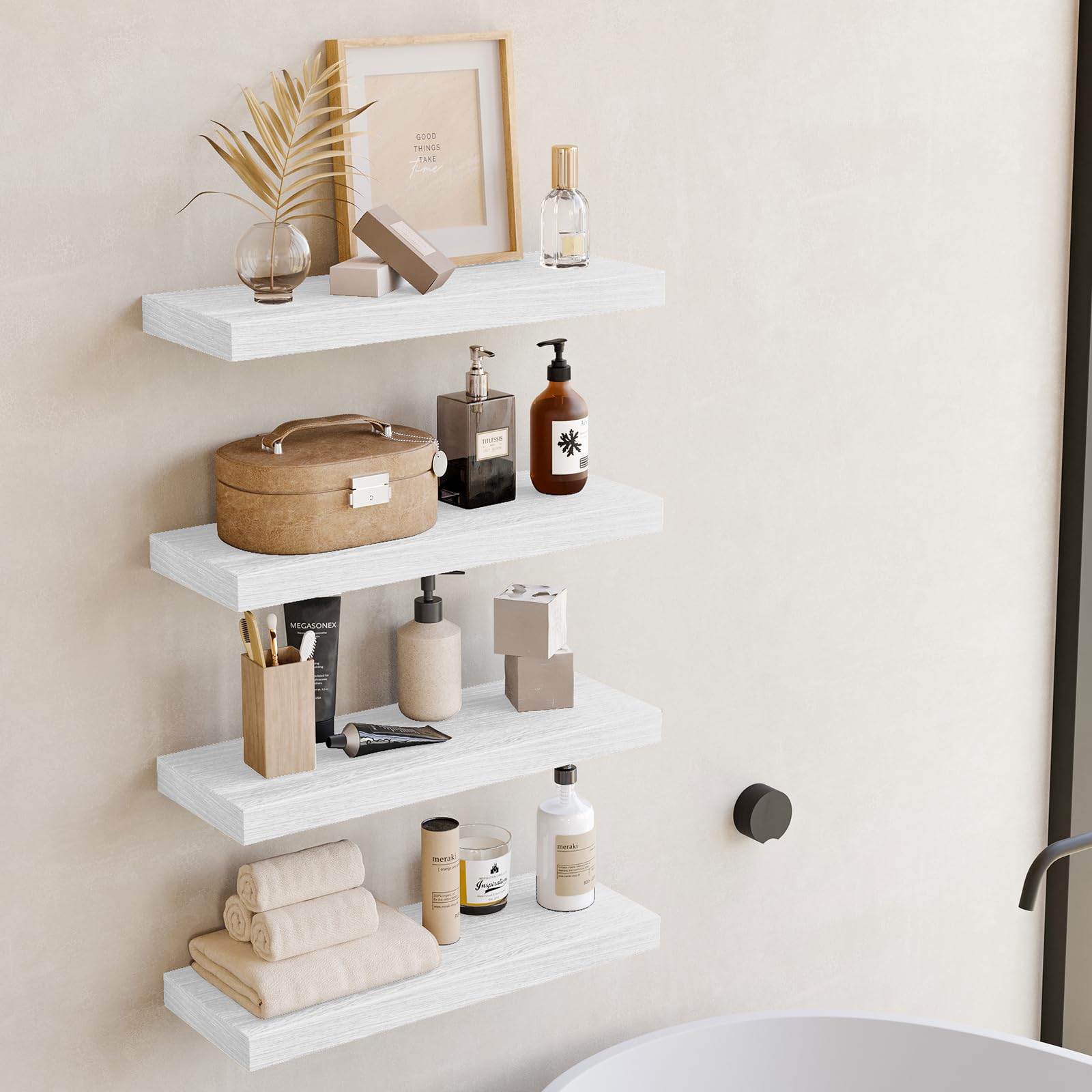 Fixwal bathroom shelves for toiletries and towels with compact wall mounting.