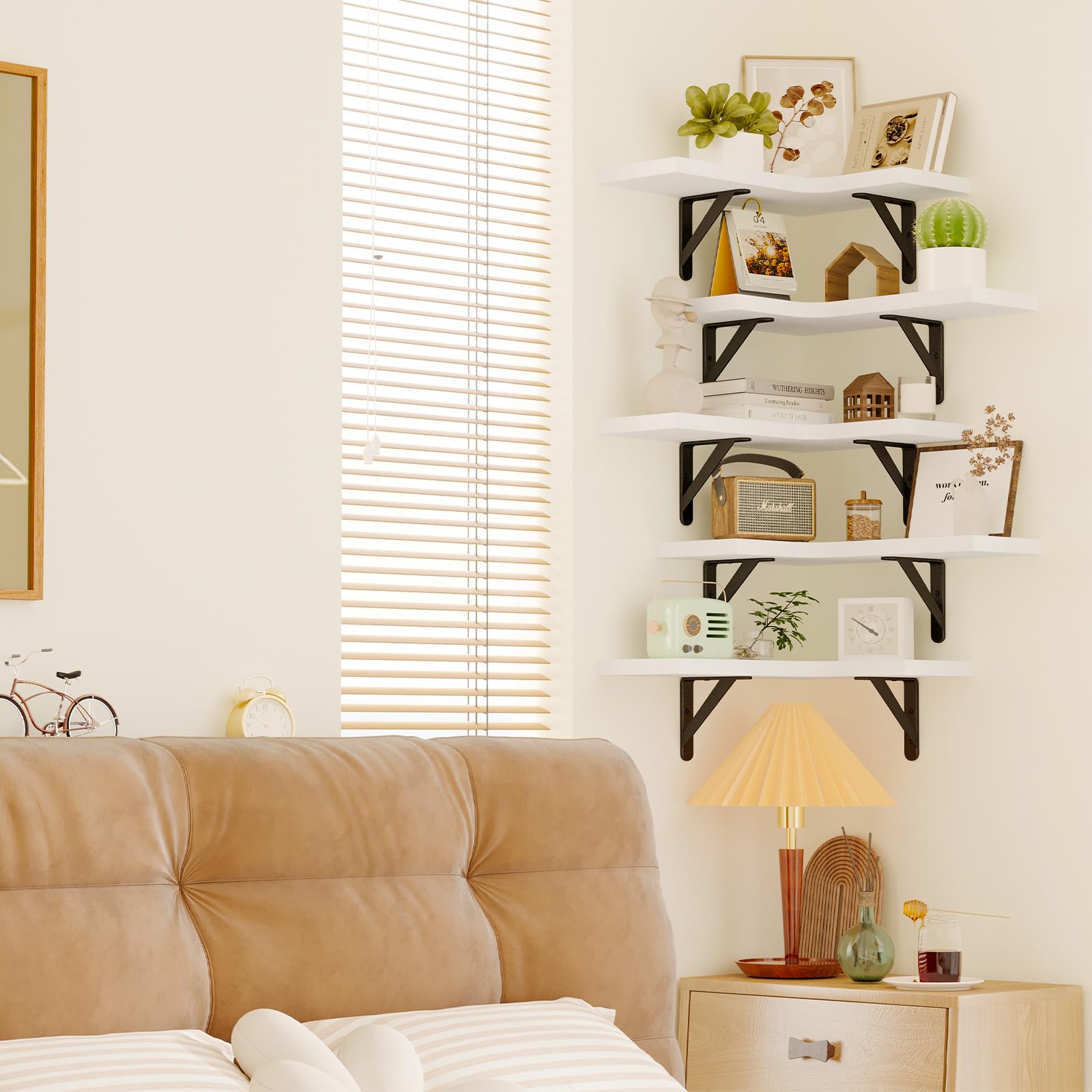 Fixwal bedroom shelves create collectibles and photo display spots.