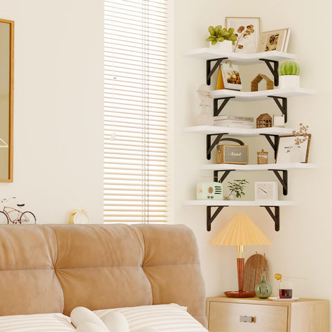 Fixwal bedroom shelves create collectibles and photo display spots.
