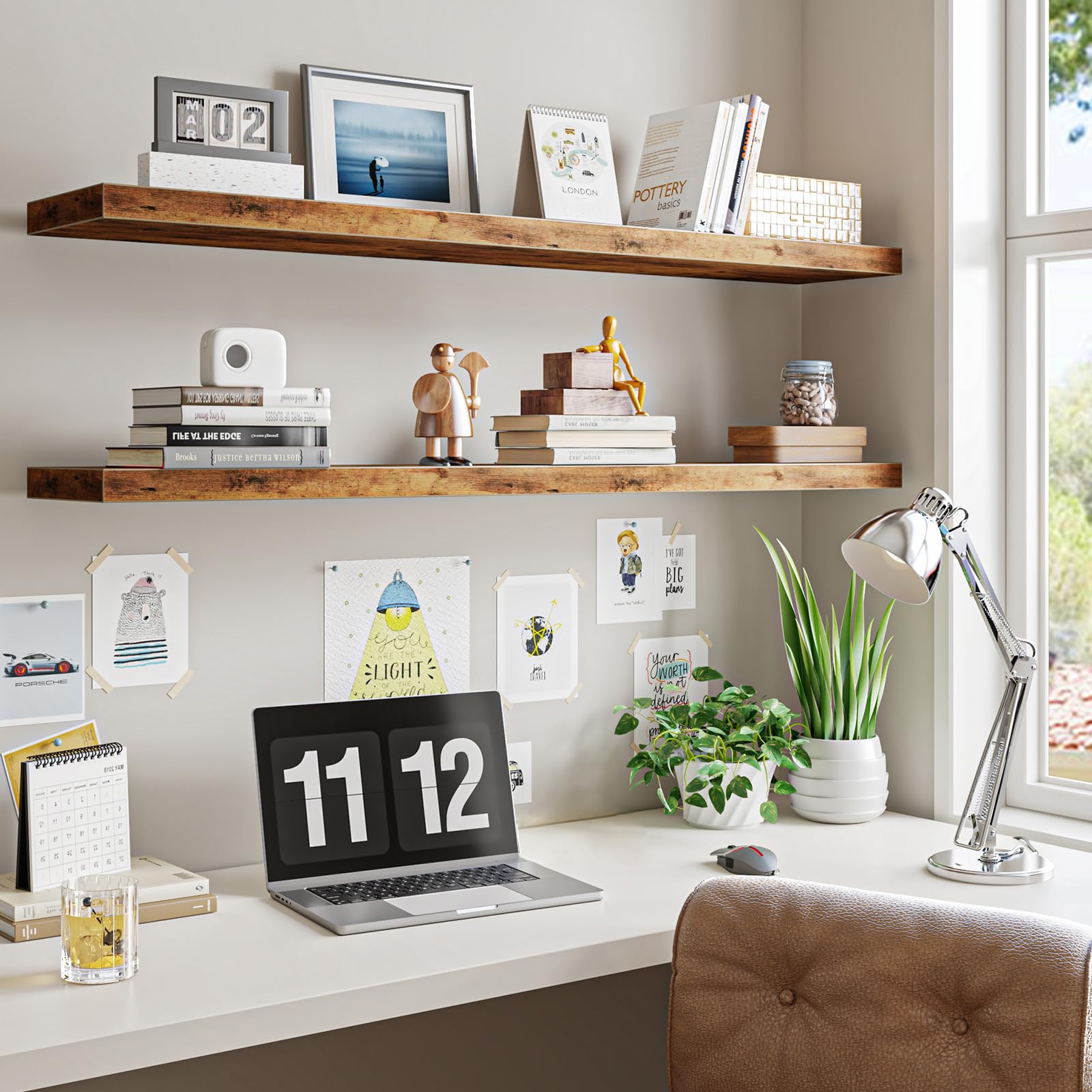 Bedroom storage with Fixwal shelf keeps essentials within reach.