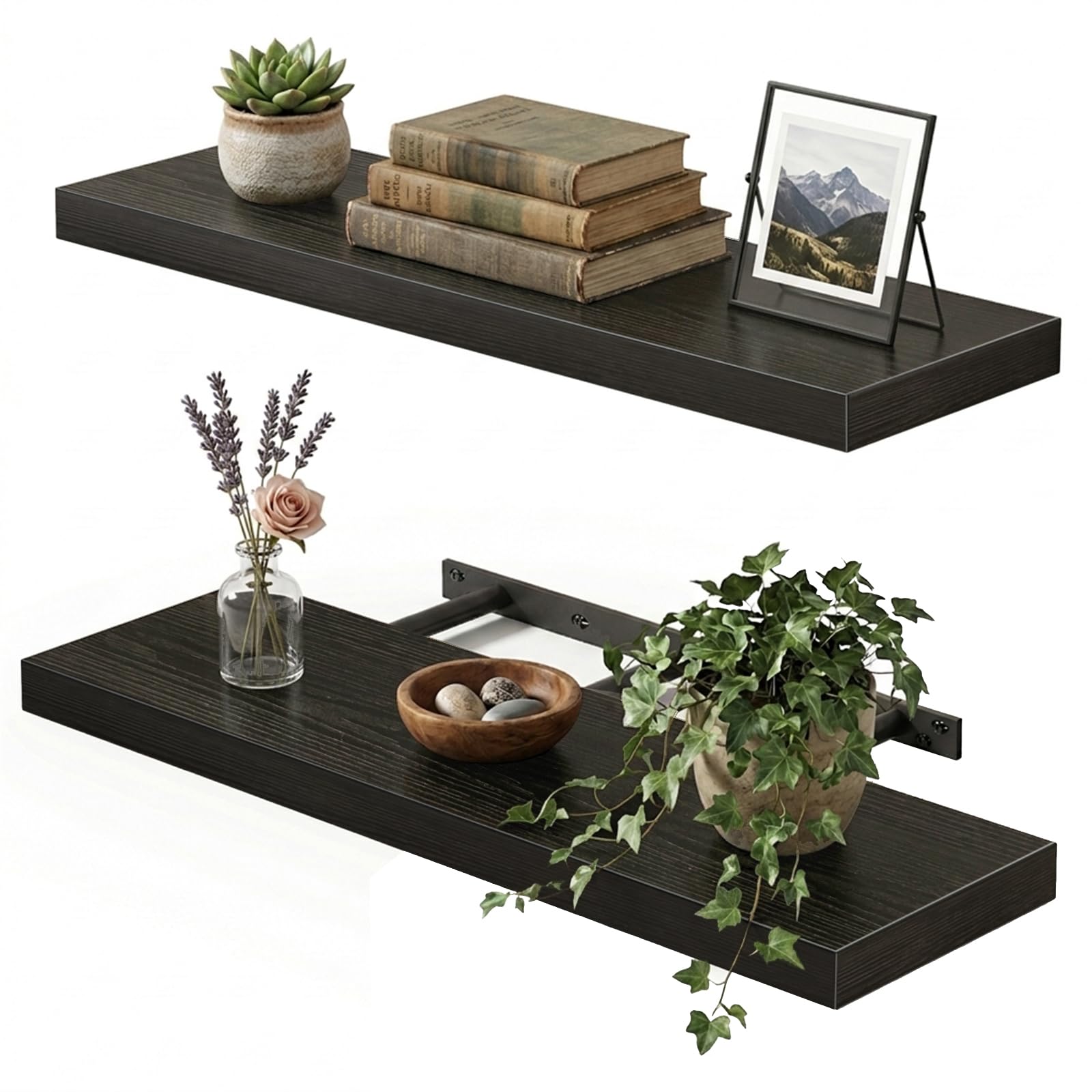 Fixwal black floating shelf front view showcasin sleek woodgrain finish for stylish display