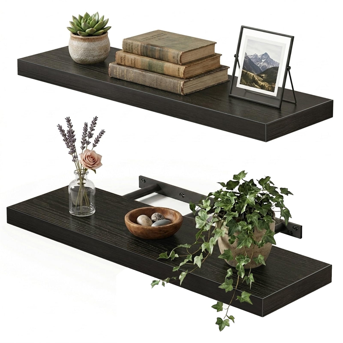 Fixwal black floating shelf front view showcasin sleek woodgrain finish for stylish display
