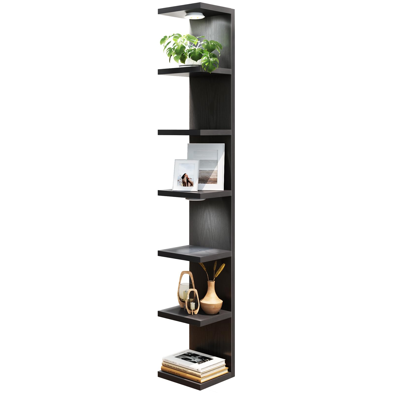 Fixwal black seven-tier wall-mounted shelf unit displaying decor in a modern living space for organized display.