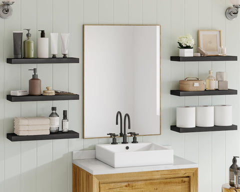 Fixwal black wall shelves with hidden brackets for a clean, minimalist look.
