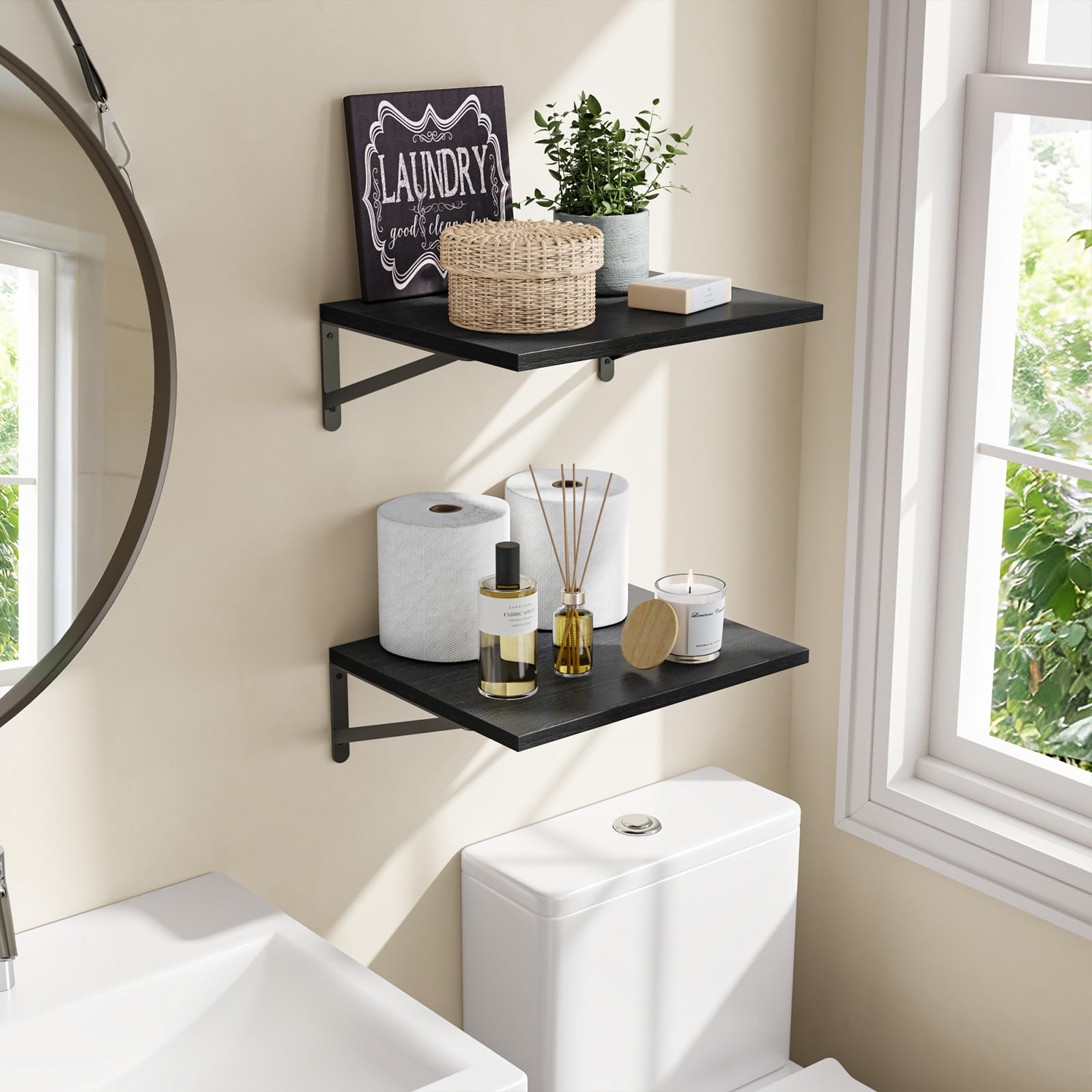 Living room setup showing Fixwal shelves above seating area