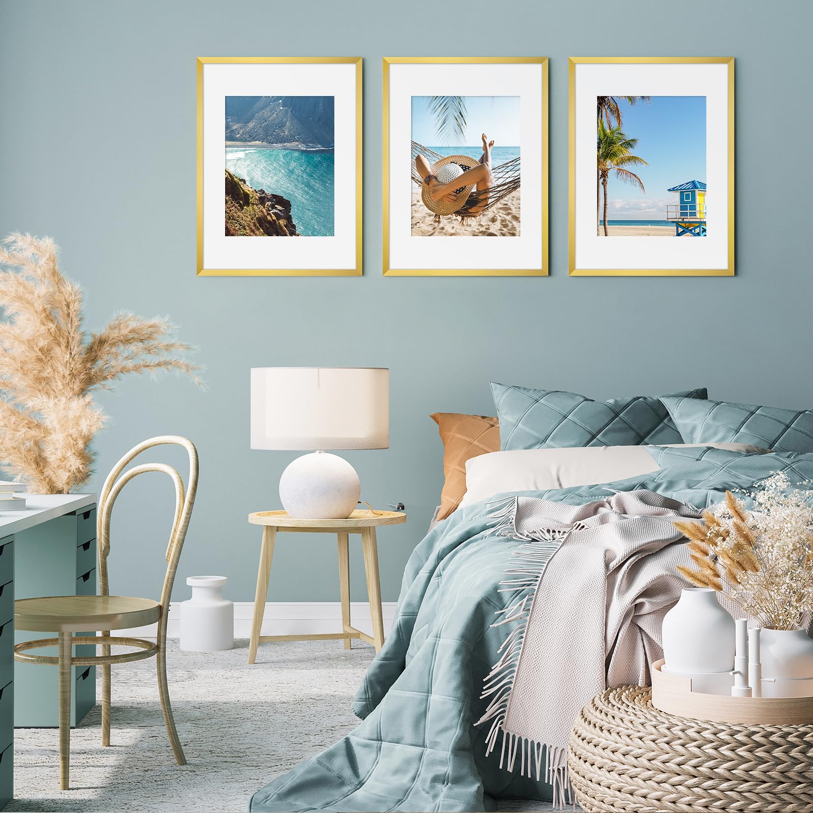 Fixwal family photo display in gold frames on a wall