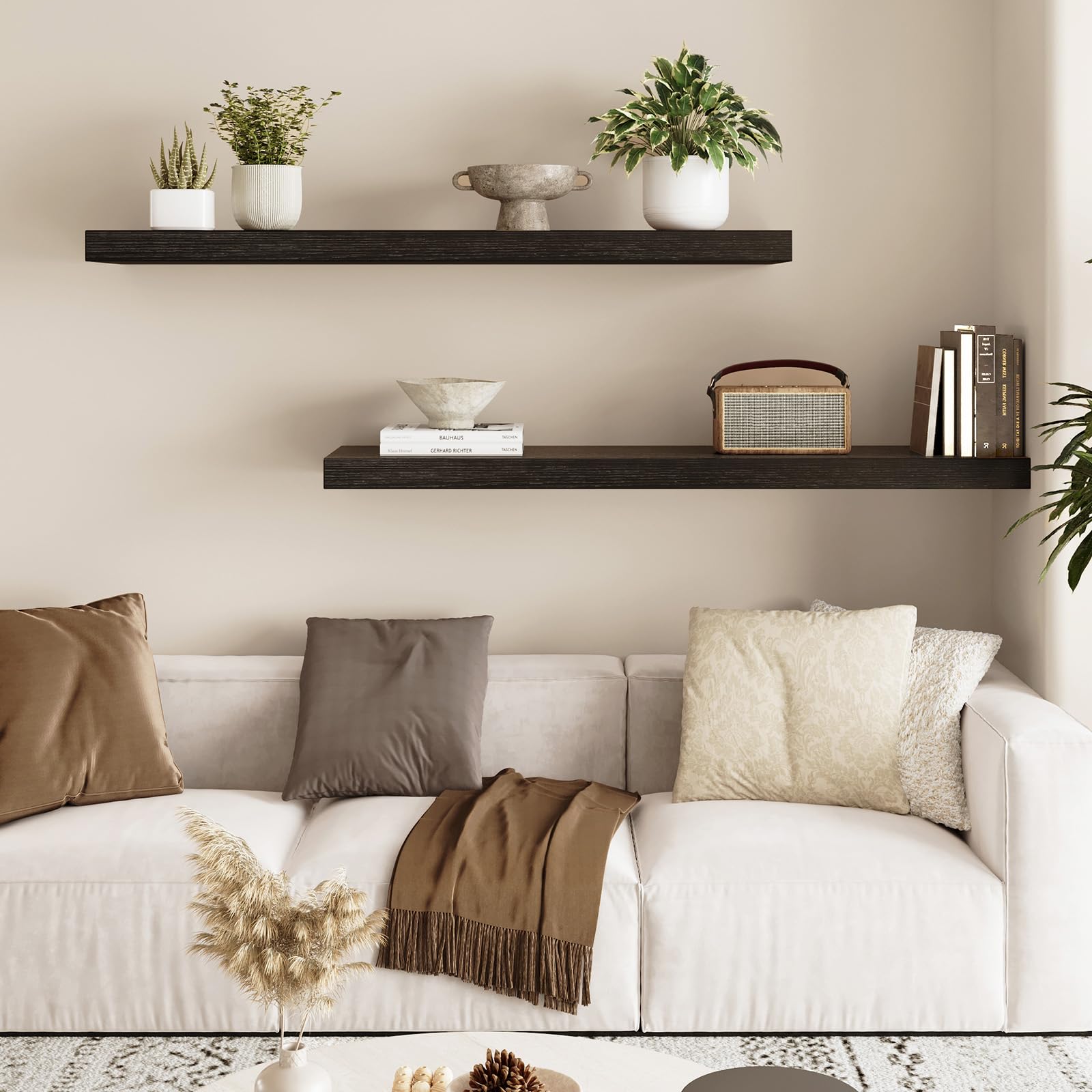 Fixwal black woodgrain finish shelves add contemporary charm and storage