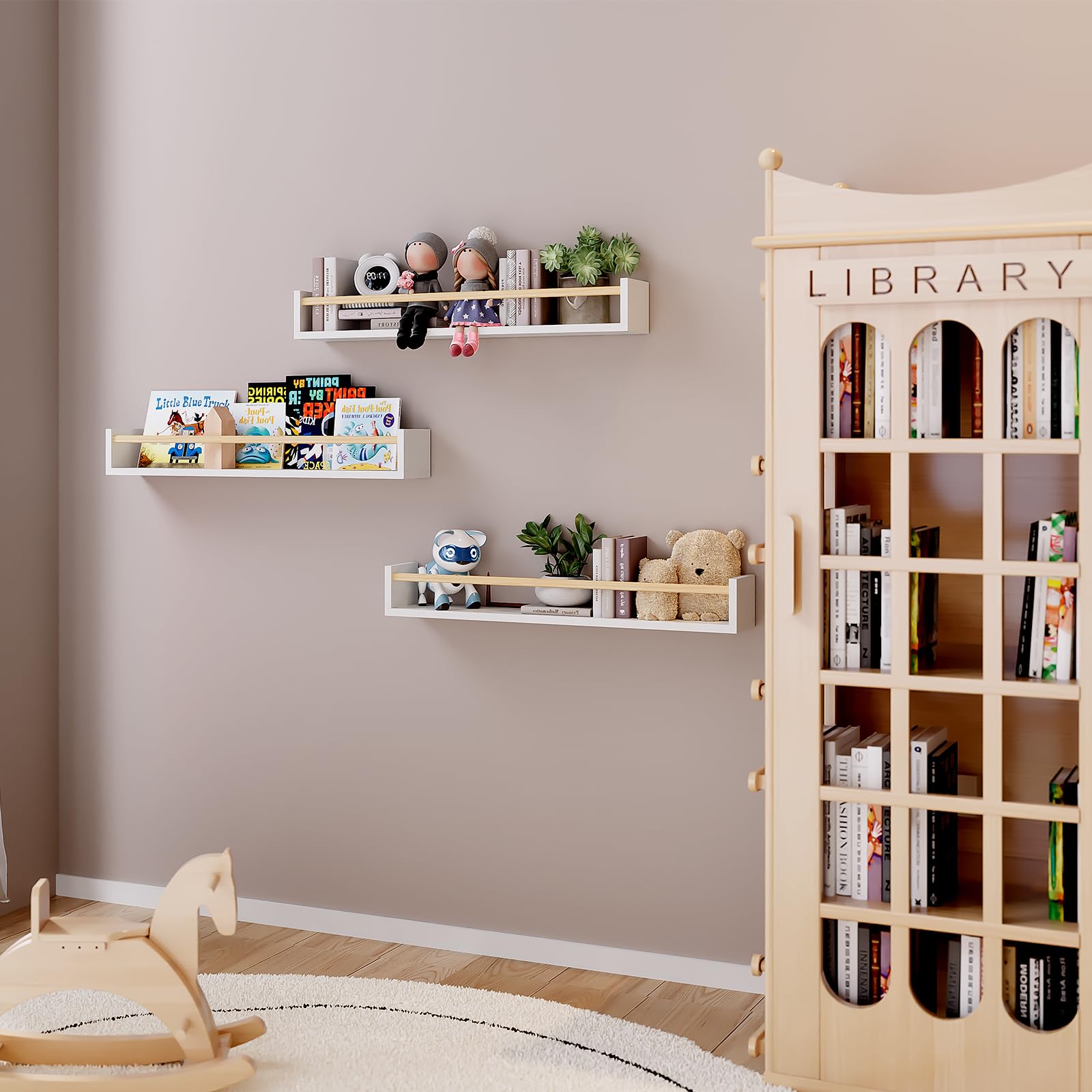 Fixwal floating shelves display books and toys neatly.