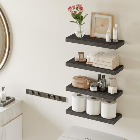 Fixwal gray bedroom shelves displaying books and photos