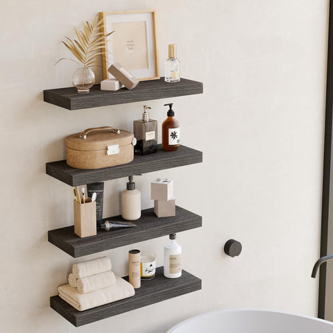 Fixwal gray living room shelves holding plants and decor