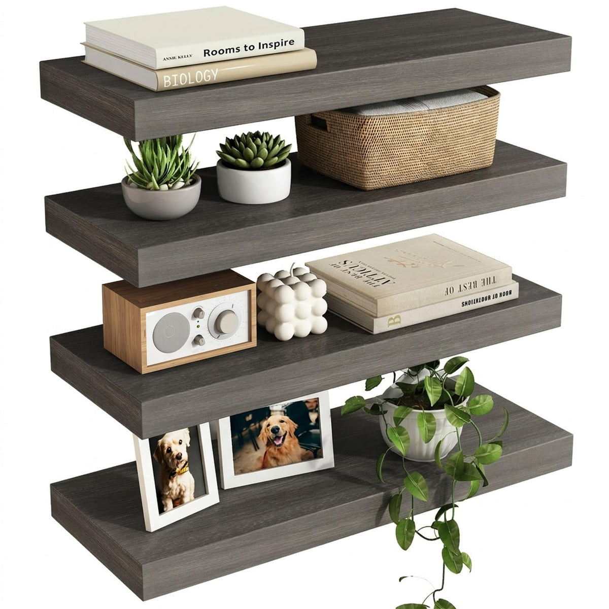 Fixwal four-pack gray woodgrain floating shelves for organized walls