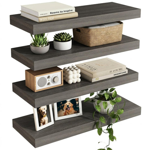 Fixwal four-pack gray woodgrain floating shelves for organized walls