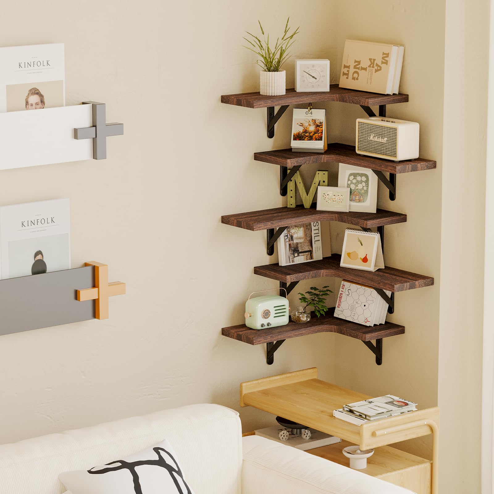 Fixwal living room arrangement with plants and decor on corner shelves