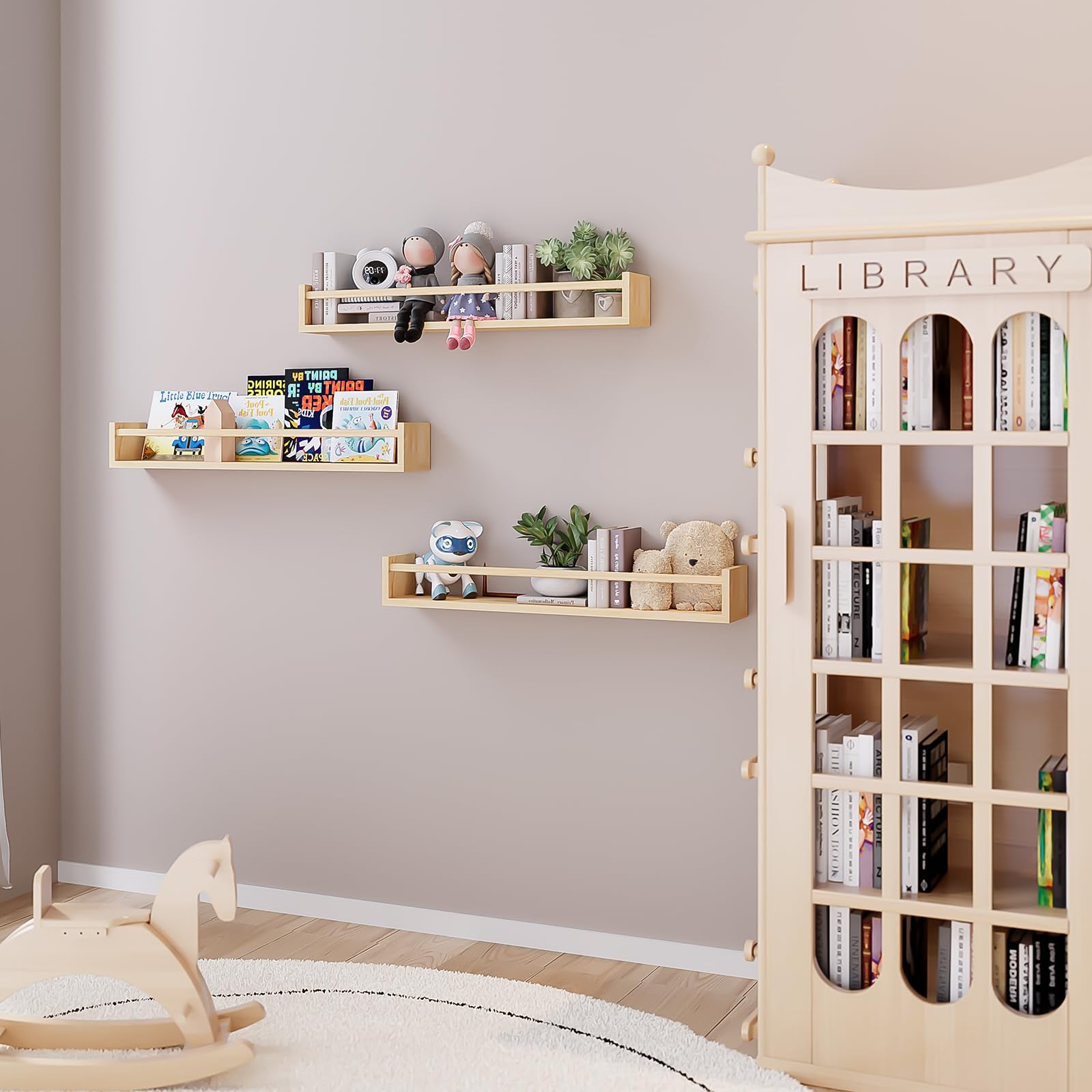 Fixwal wall-mounted shelves in natural wood keep toys neatly organized.