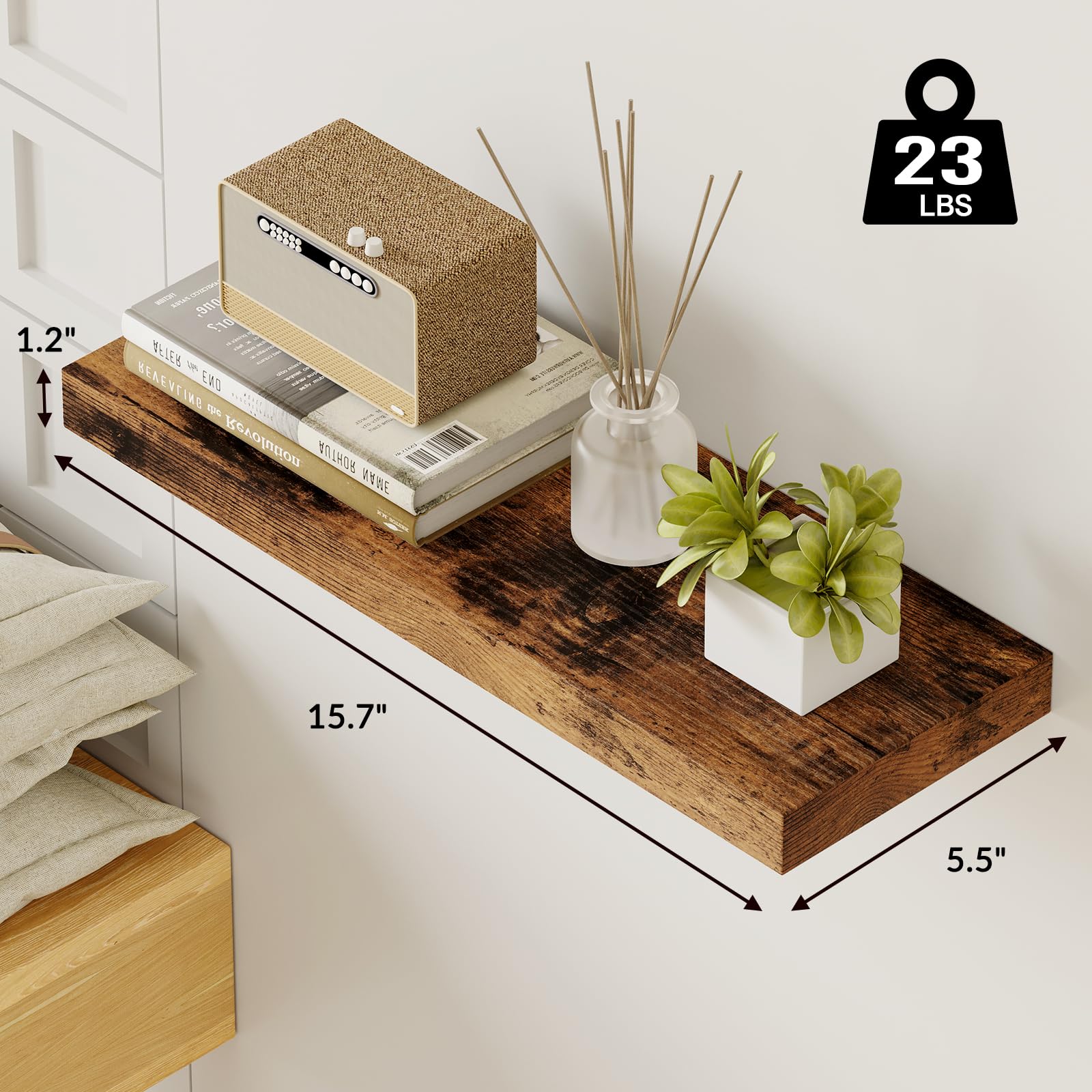 Fixwal living room shelf highlights plants and keepsakes with a wood finish.